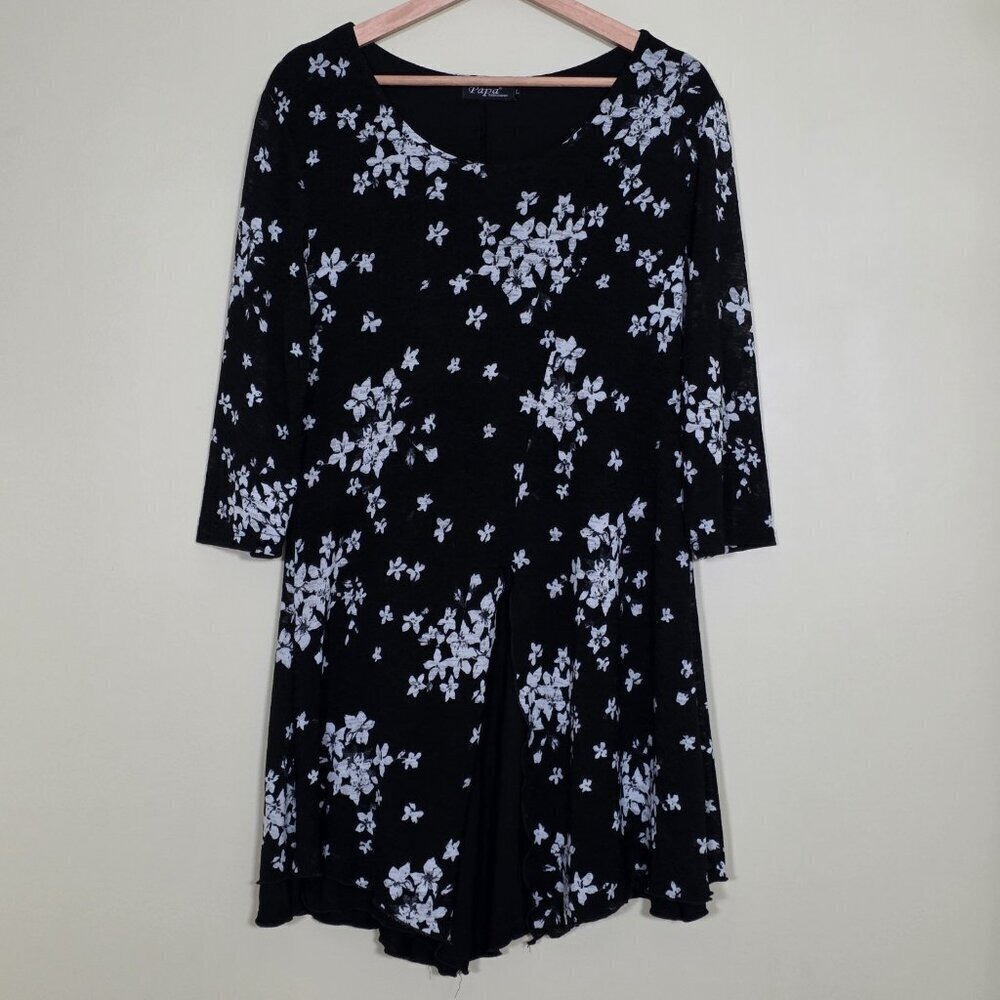 Papa Vancouver Tunic Womens L Black Floral Layered 3/4 Sheer Sleeves Lagenlook